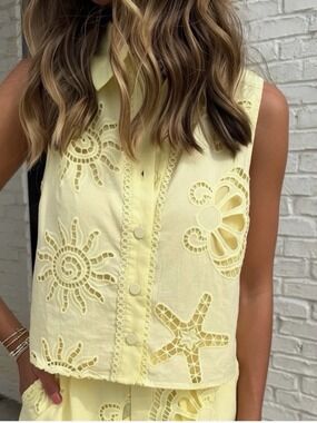 Entro Two Piece Eyelet Set Woman’s Yellow Sun Starfish Top and Shorts
